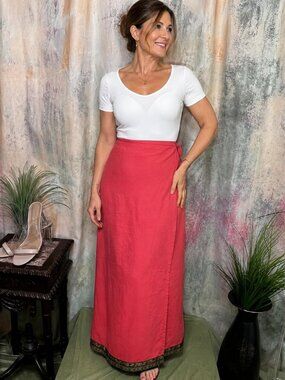 VTG 📌Casual W.E.A.R Maxi Linen Wrap Skirt with Gold Braid